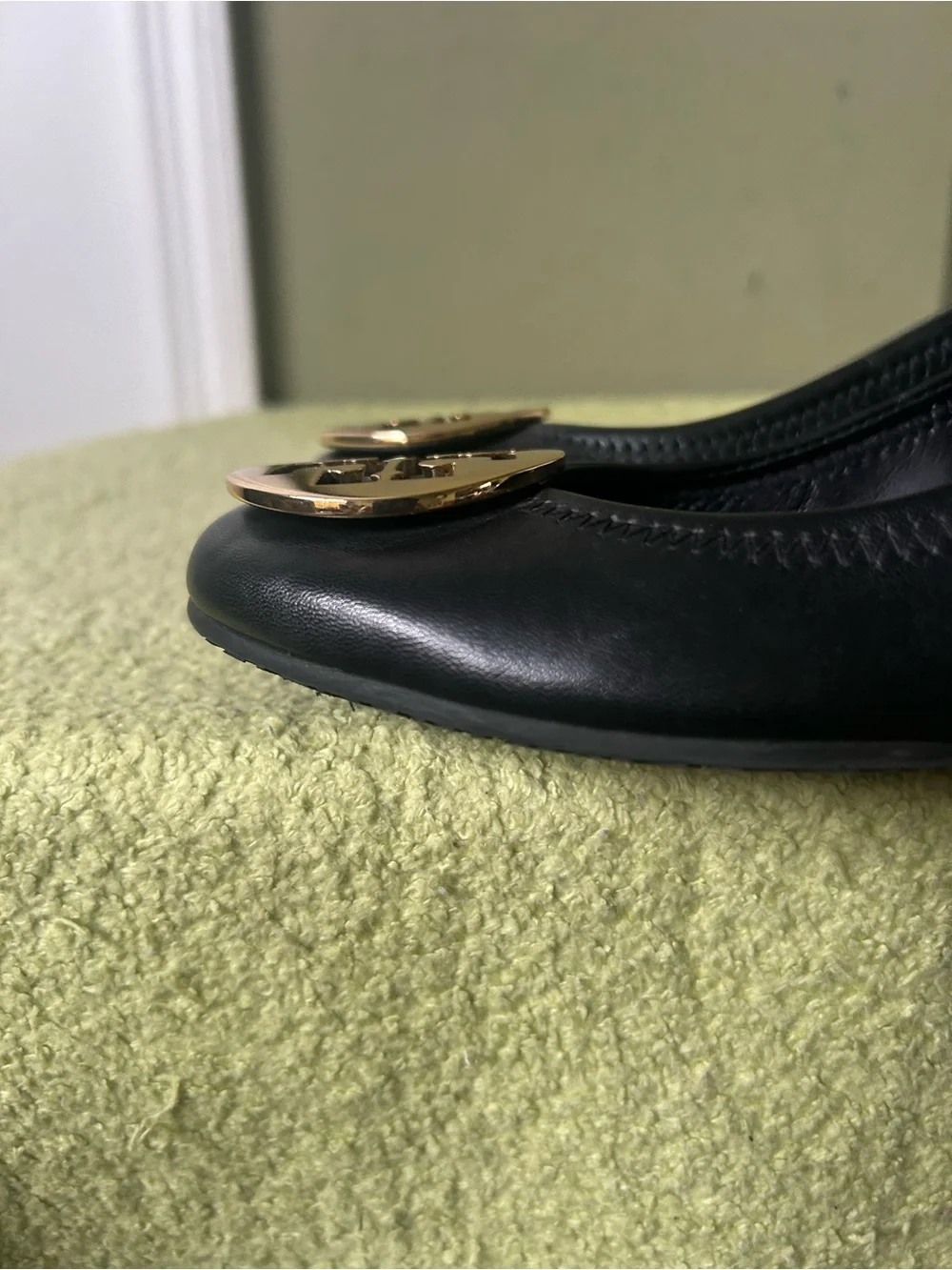 Tory Burch Black Leather Logo Round-Toe Wedge Heels with Gold Emblem
